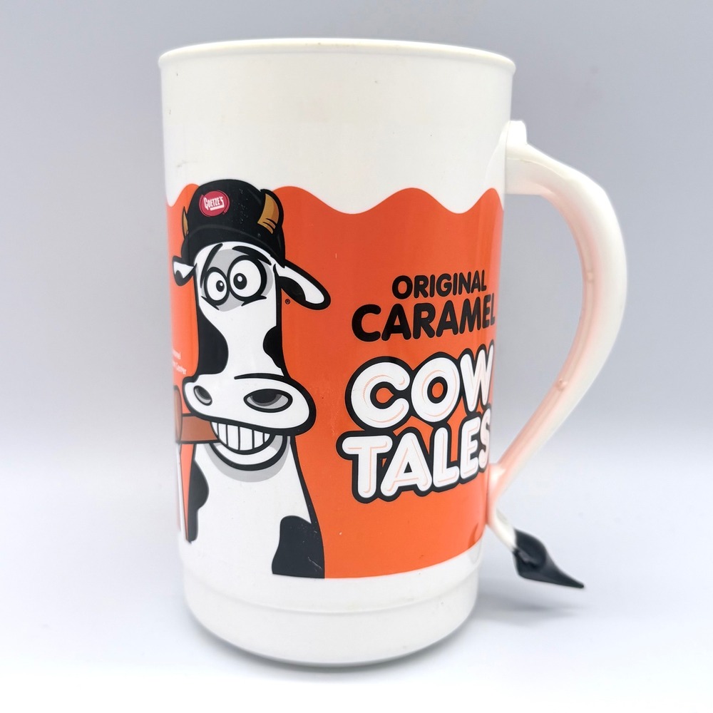 Goetze Original Caramel Cow Tales Plastic Travel Mug Whirley Mascot Orange 6.5in